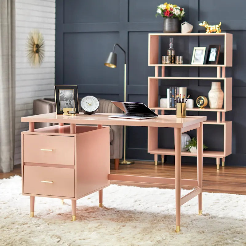 Bureau moderne du milieu du siècle avec 2 tiroirs – Noyer / Rose poudré / Blanc antique / Gris anthracite