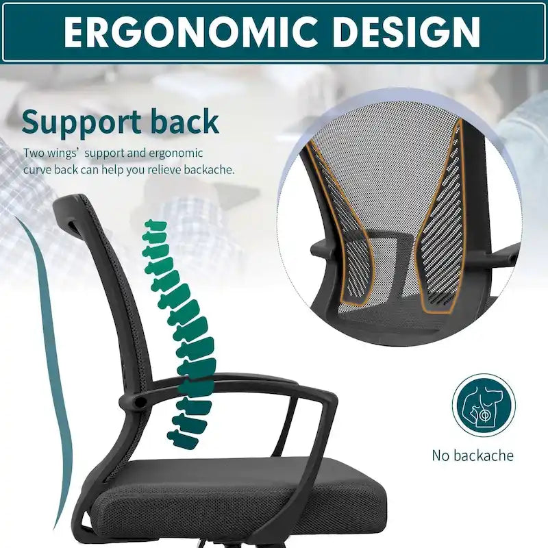Chaise de bureau ergonomique mi-dos en maille (bleu / noir / gris) avec support lombaire, individuelle