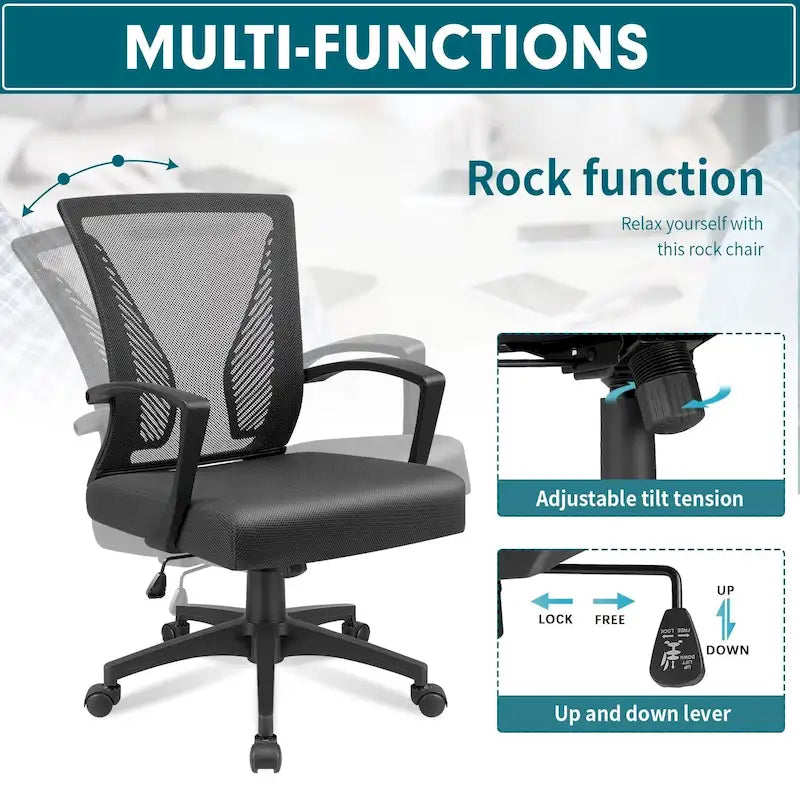 Chaise de bureau ergonomique mi-dos en maille (bleu / noir / gris) avec support lombaire, individuelle