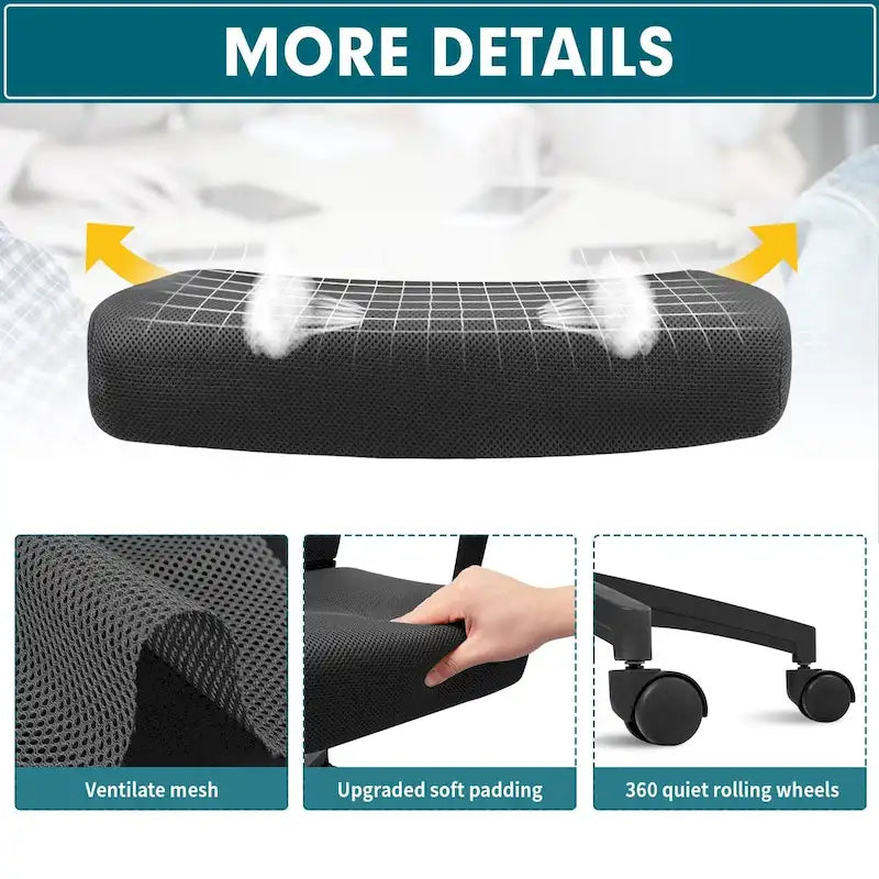 Chaise de bureau ergonomique mi-dos en maille (bleu / noir / gris) avec support lombaire, individuelle