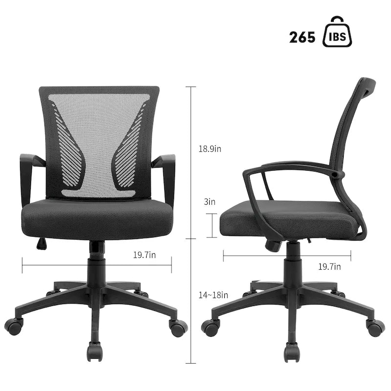 Chaise de bureau ergonomique mi-dos en maille (bleu / noir / gris) avec support lombaire, individuelle