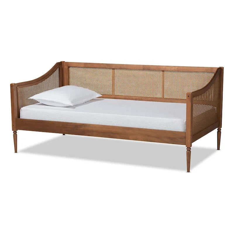 Lit de repos en rotin noyer brun, style Mid-Century – Lit jumeau, 1 personne