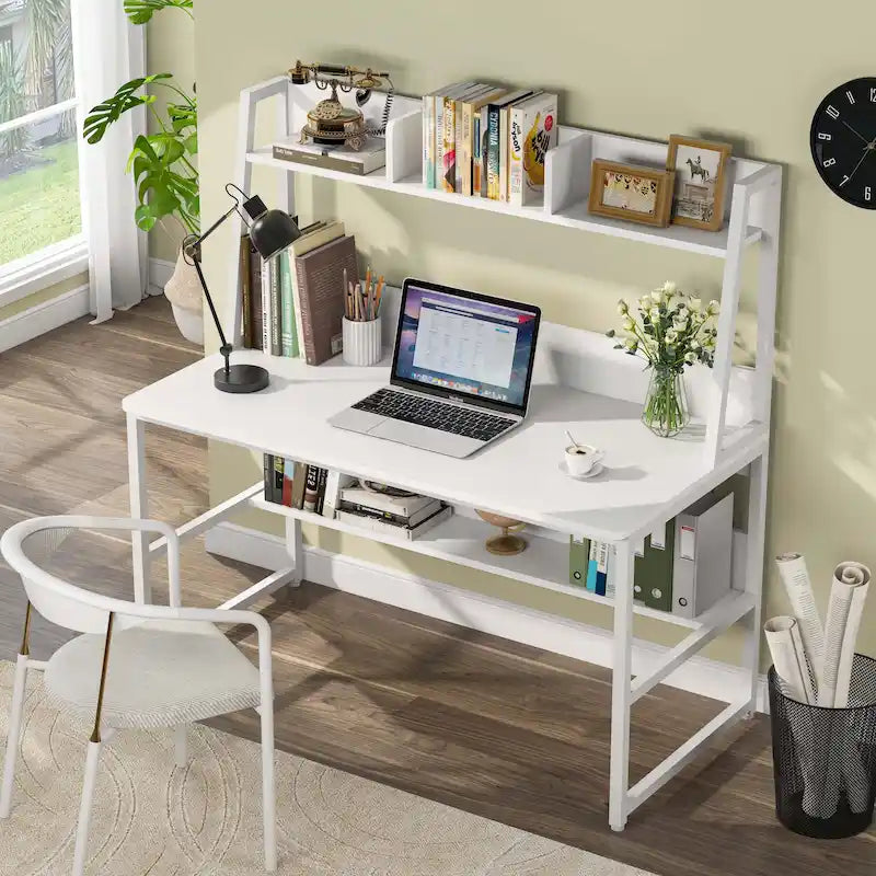 Bureau informatique blanc avec étagère supérieure et bibliothèque ouverte, simple