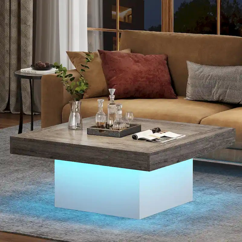 Table basse carrée à LED Chêne Noir / Gris Blanc, Simple