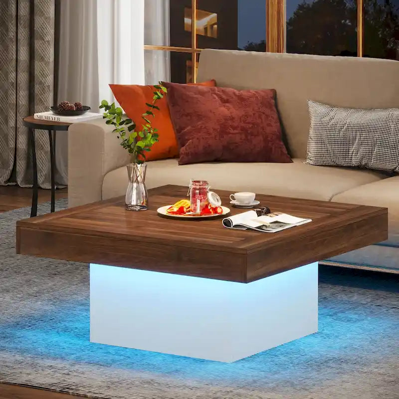 Table basse carrée à LED Chêne Noir / Gris Blanc, Simple