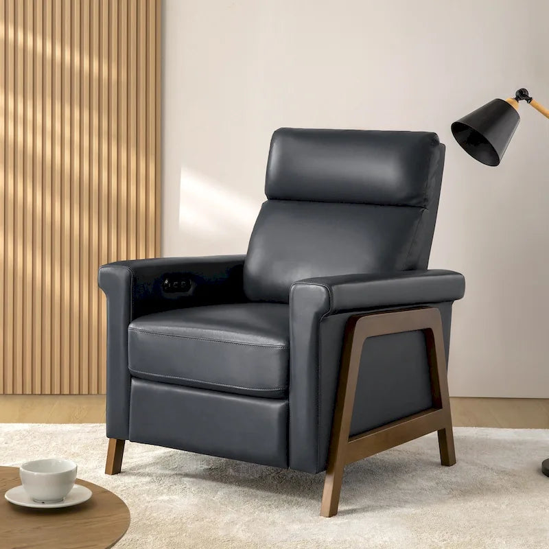 Fauteuil inclinable individuel en cuir véritable, coloris Marine/Chameau/Noir, avec port USB