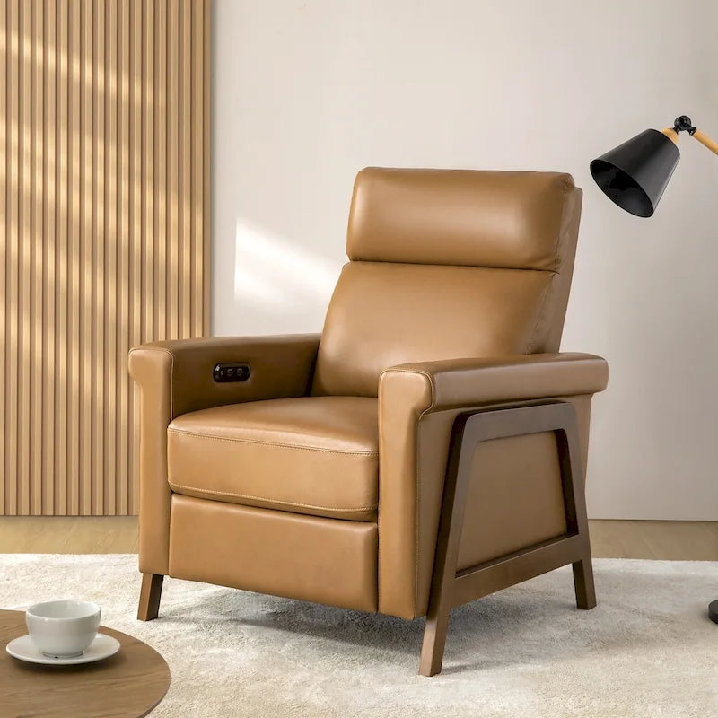 Fauteuil inclinable individuel en cuir véritable, coloris Marine/Chameau/Noir, avec port USB