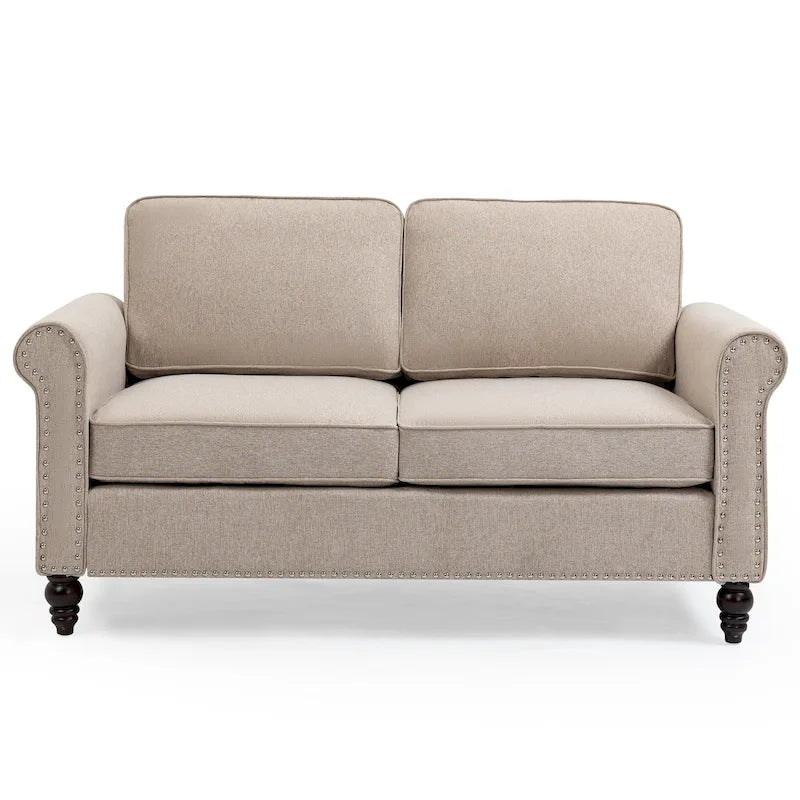 Causeuse en lin beige clair avec cadre en bois massif, 2 places