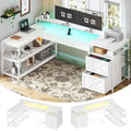 Bureau d'angle en L blanc/gris de 67 pouces avec tiroirs, étagères, prise de courant et lumières LED, individuel