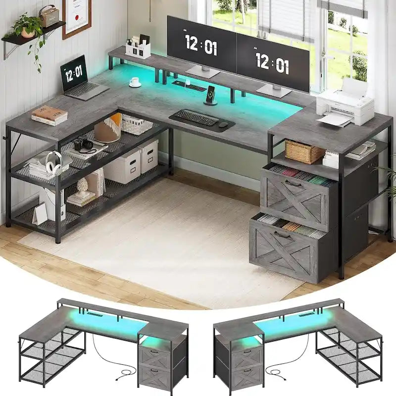 Bureau d'angle en L blanc/gris de 67 pouces avec tiroirs, étagères, prise de courant et lumières LED, individuel