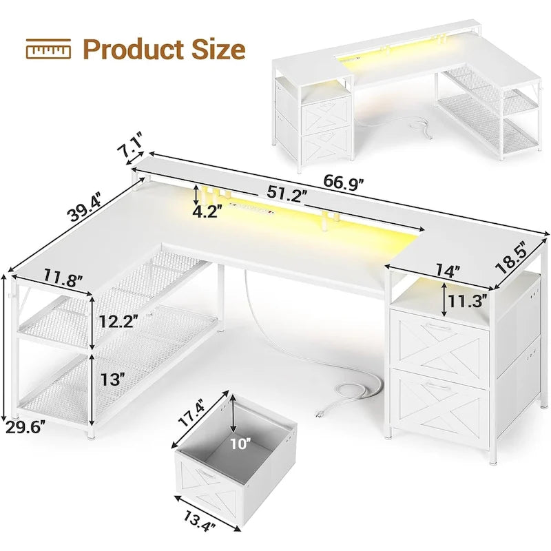 Bureau d'angle en L blanc/gris de 67 pouces avec tiroirs, étagères, prise de courant et lumières LED, individuel