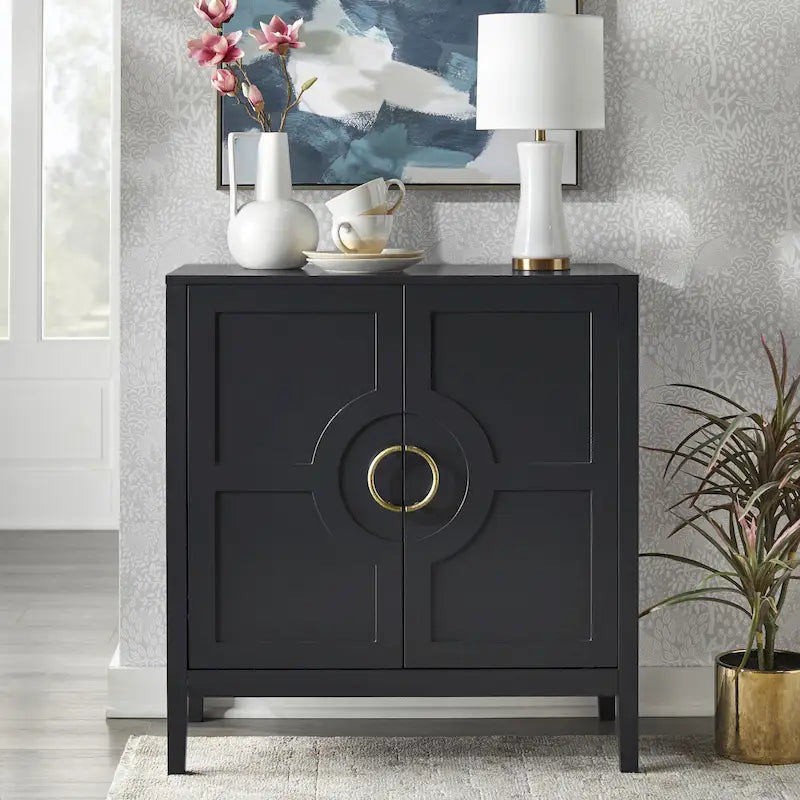 Meuble console à 2 portes avec étagère réglable, Indigo / Noir / Blanc, Simple