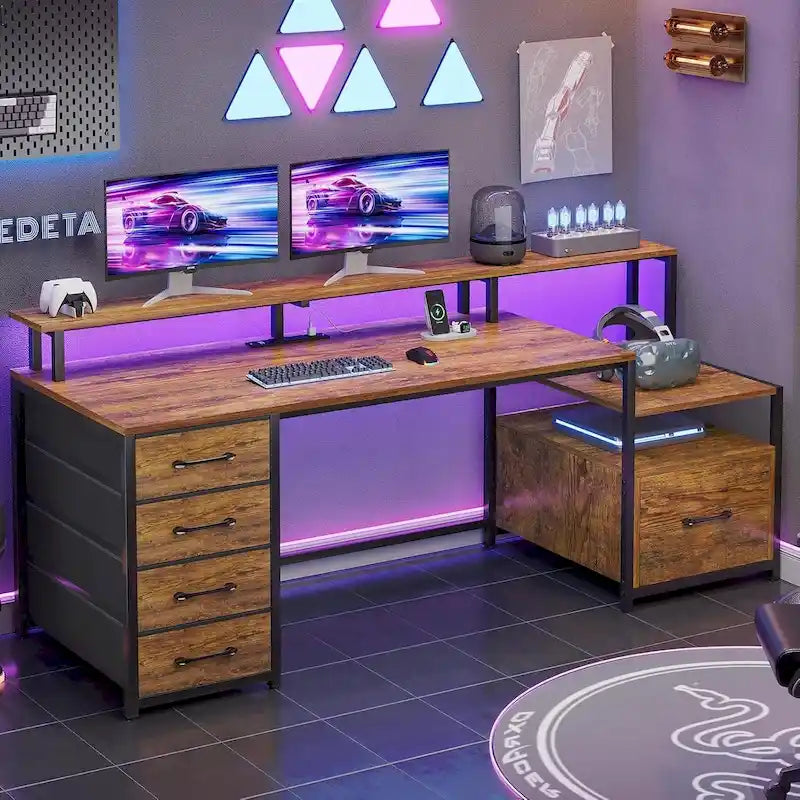 Bureau d'ordinateur brun avec prise de courant, lumières LED, tiroir de classement et étagère pour moniteur, simple