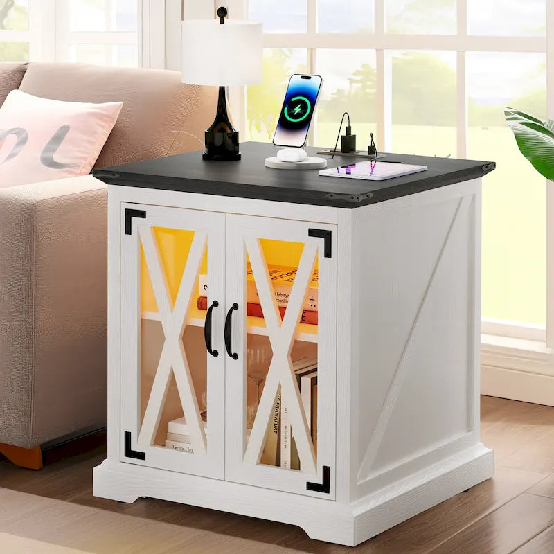 Table d'appoint de ferme blanche/chêne avec station de recharge et lumière LED, simple