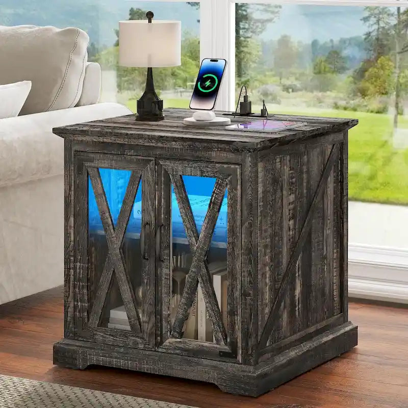 Table d'appoint de ferme blanche/chêne avec station de recharge et lumière LED, simple