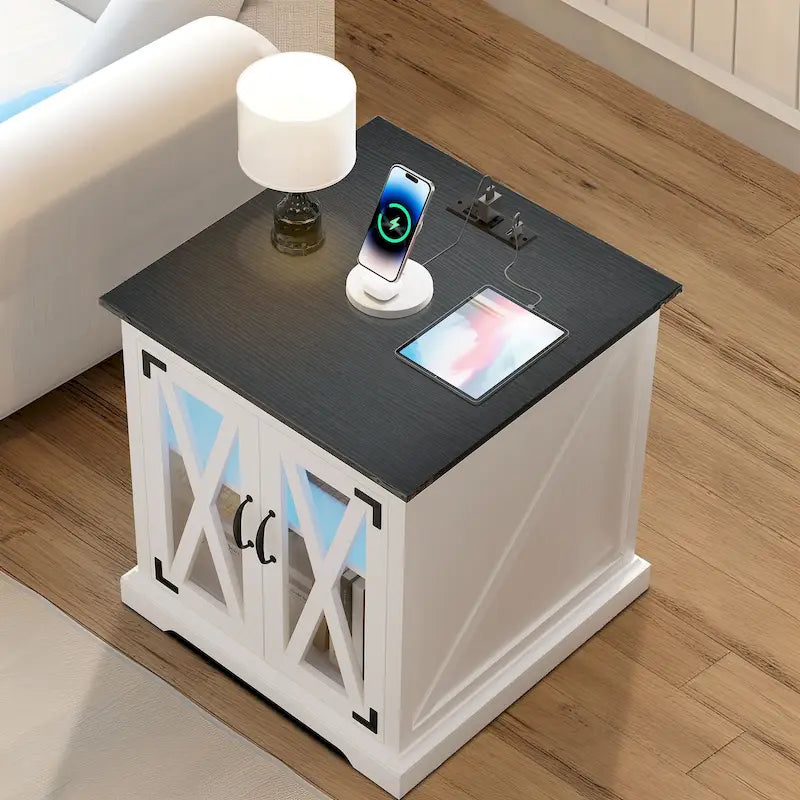 Table d'appoint de ferme blanche/chêne avec station de recharge et lumière LED, simple