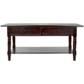 Table basse en pin de style campagnard, finition cerisier foncé, avec 2 tiroirs