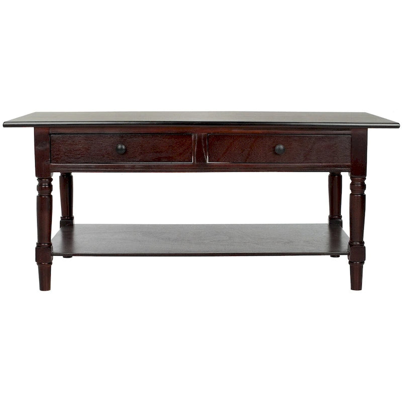 Table basse en pin de style campagnard, finition cerisier foncé, avec 2 tiroirs