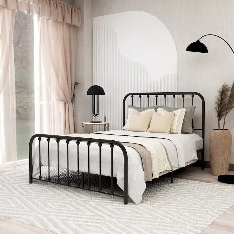 Lit plateforme en métal blanc / marron / noir avec tête et pied de lit ronds, simple