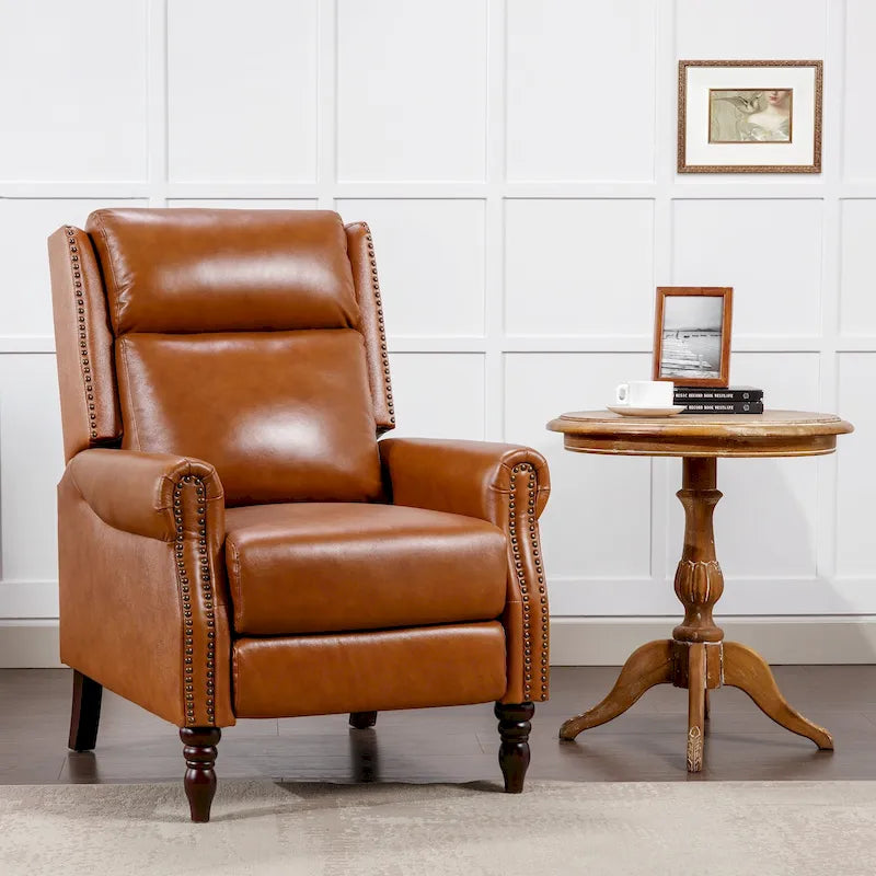 Fauteuil inclinable à dossier basculant en cuir véritable camel/marron roux/bleu avec détails cloutés, une place