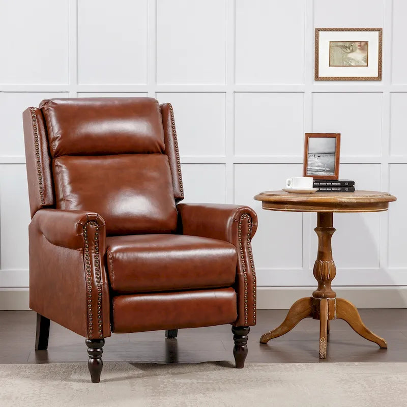 Fauteuil inclinable à dossier basculant en cuir véritable camel/marron roux/bleu avec détails cloutés, une place