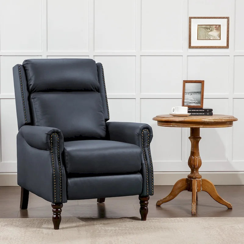 Fauteuil inclinable à dossier basculant en cuir véritable camel/marron roux/bleu avec détails cloutés, une place
