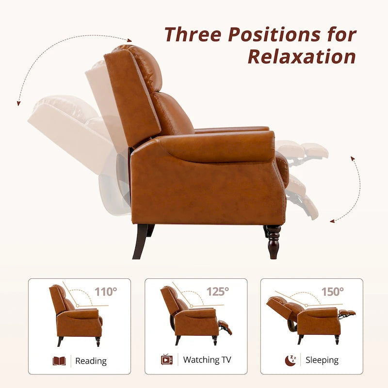 Fauteuil inclinable à dossier basculant en cuir véritable camel/marron roux/bleu avec détails cloutés, une place