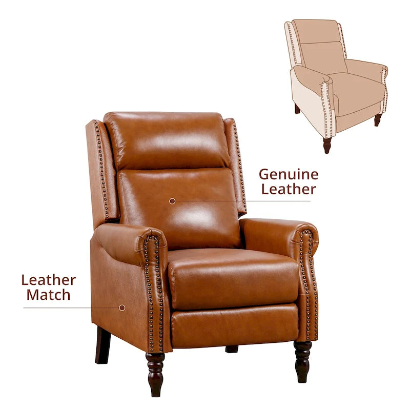 Fauteuil inclinable à dossier basculant en cuir véritable camel/marron roux/bleu avec détails cloutés, une place