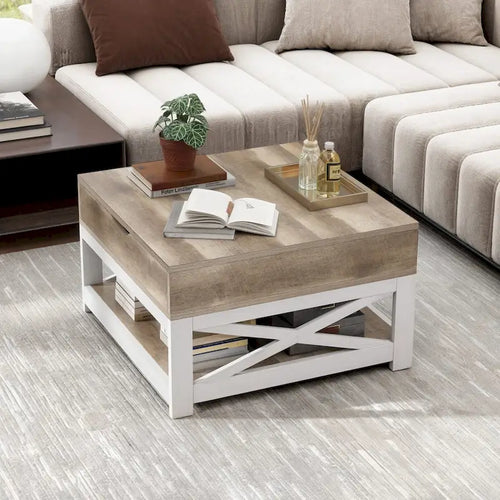 Table basse carrée relevable avec rangement, marron/gris/noyer, simple