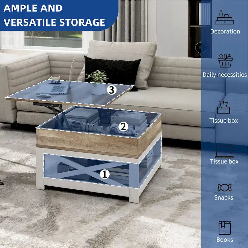 Table basse carrée relevable avec rangement, marron/gris/noyer, simple