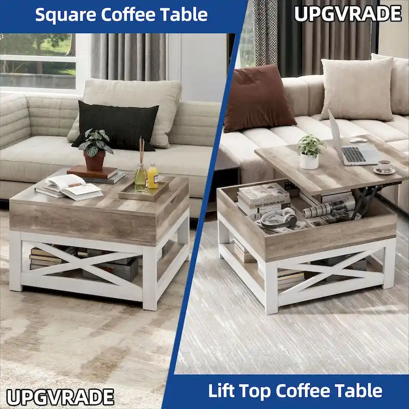 Table basse carrée relevable avec rangement, marron/gris/noyer, simple