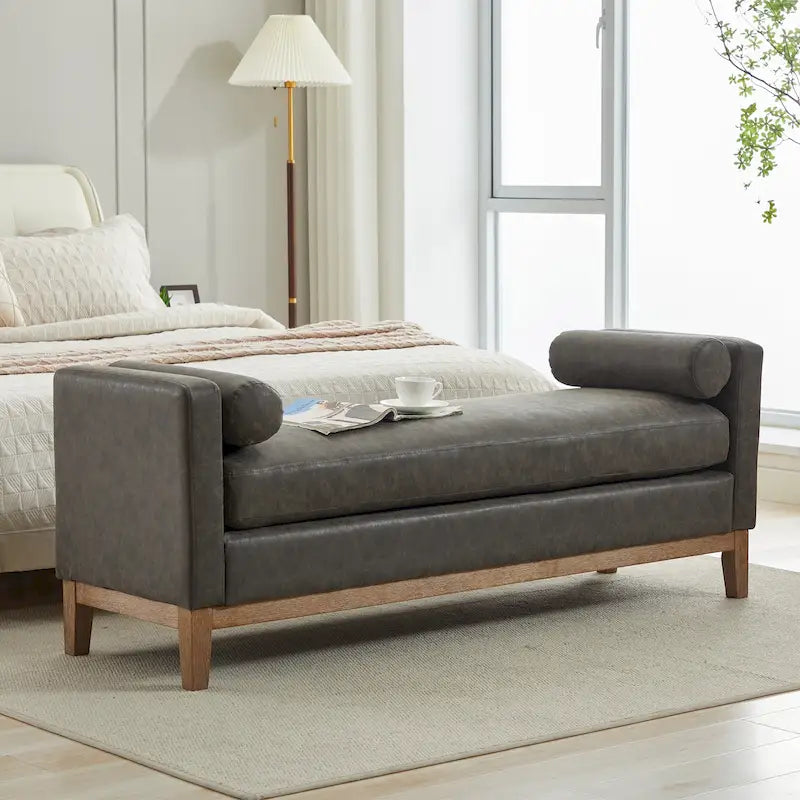 Banc de chambre tapissé gris / marron / ivoire / noir avec pieds en bois massif, simple