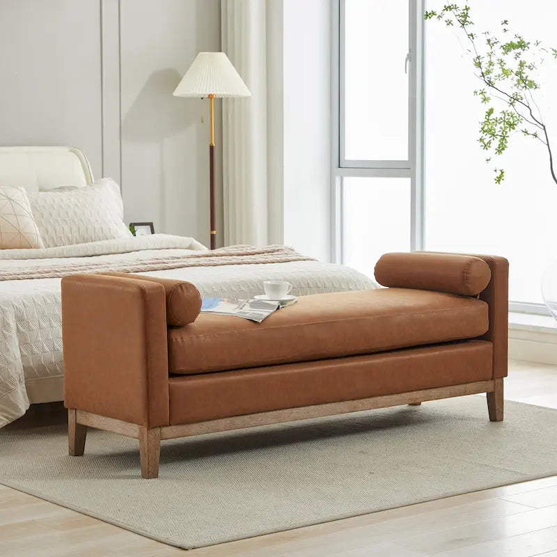 Banc de chambre tapissé gris / marron / ivoire / noir avec pieds en bois massif, simple