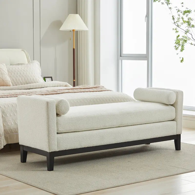 Banc de chambre tapissé gris / marron / ivoire / noir avec pieds en bois massif, simple