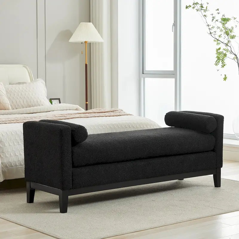 Banc de chambre tapissé gris / marron / ivoire / noir avec pieds en bois massif, simple