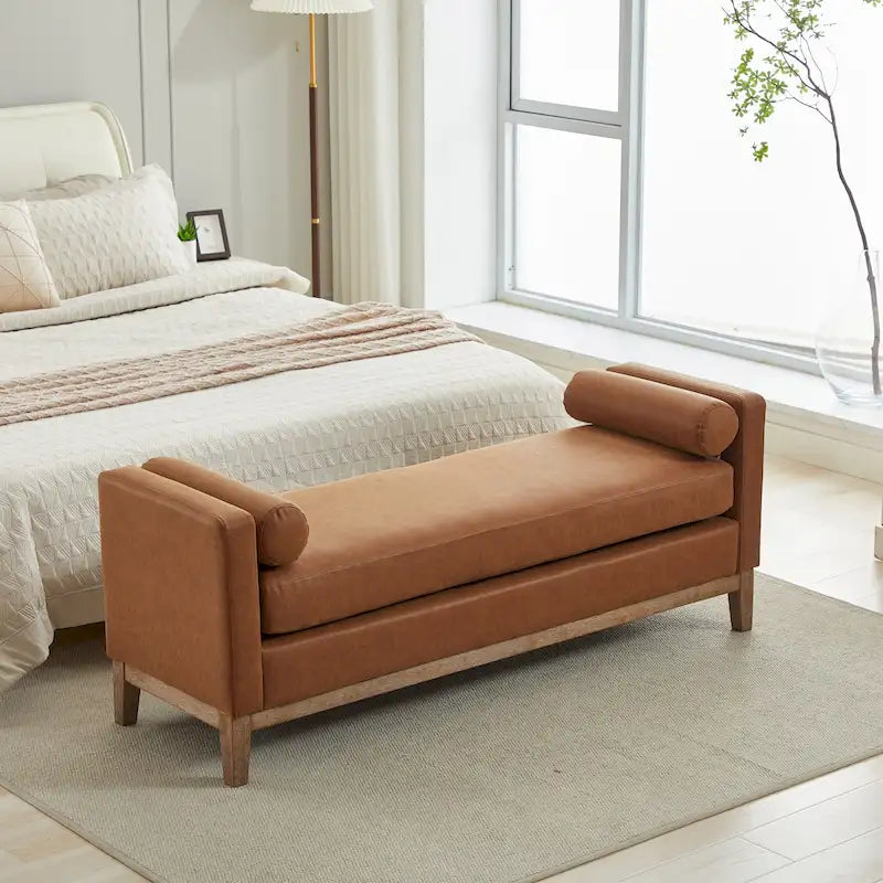 Banc de chambre tapissé gris / marron / ivoire / noir avec pieds en bois massif, simple