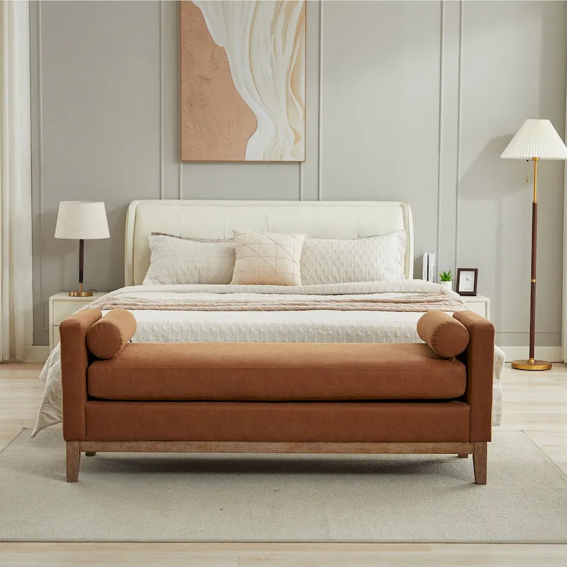 Banc de chambre tapissé gris / marron / ivoire / noir avec pieds en bois massif, simple