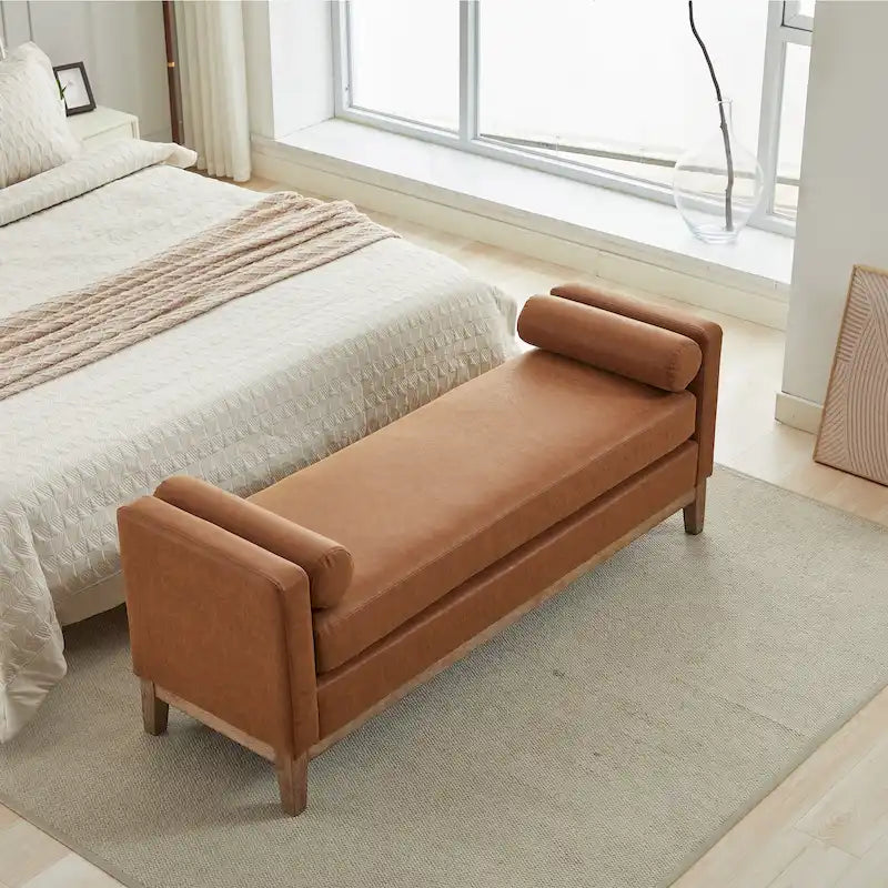 Banc de chambre tapissé gris / marron / ivoire / noir avec pieds en bois massif, simple