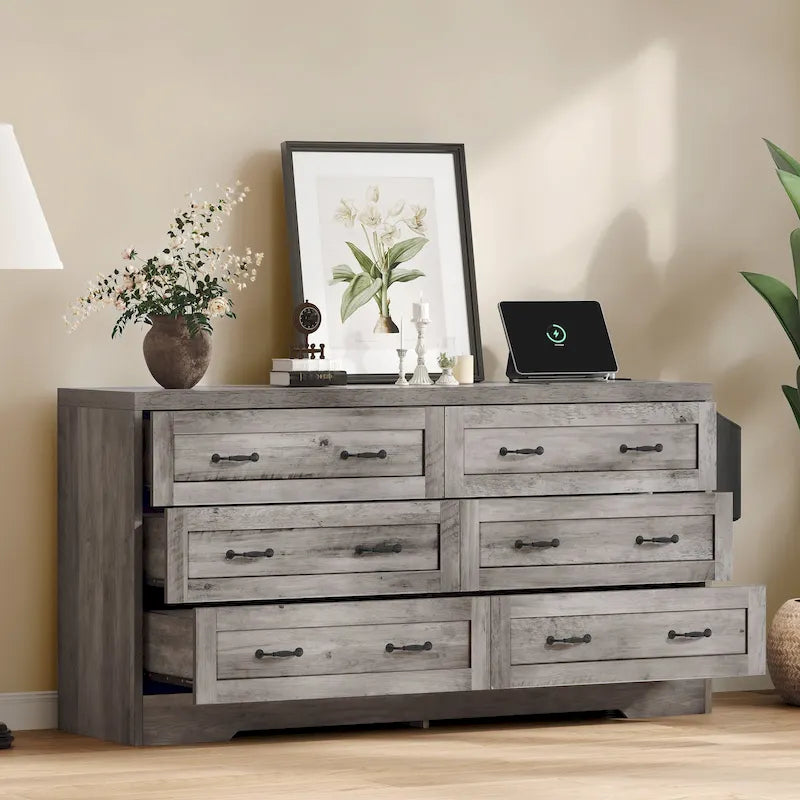 Vintage 6 Drawers Double Dresser Chest of Drawers with Charging Station