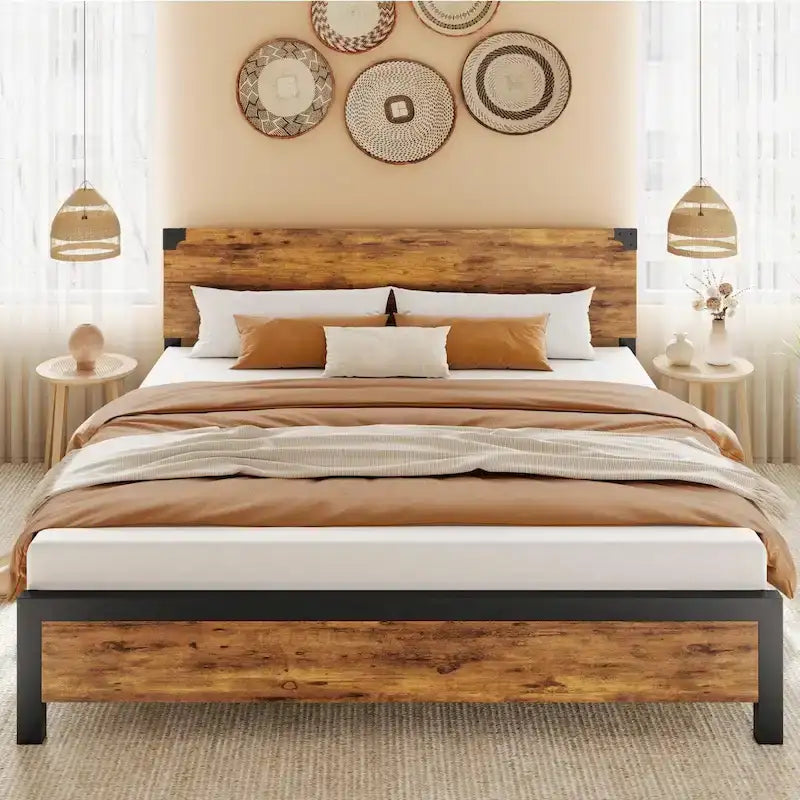 Cadre de lit plateforme marron King avec tête de lit en bois et rangement sous le lit, simple